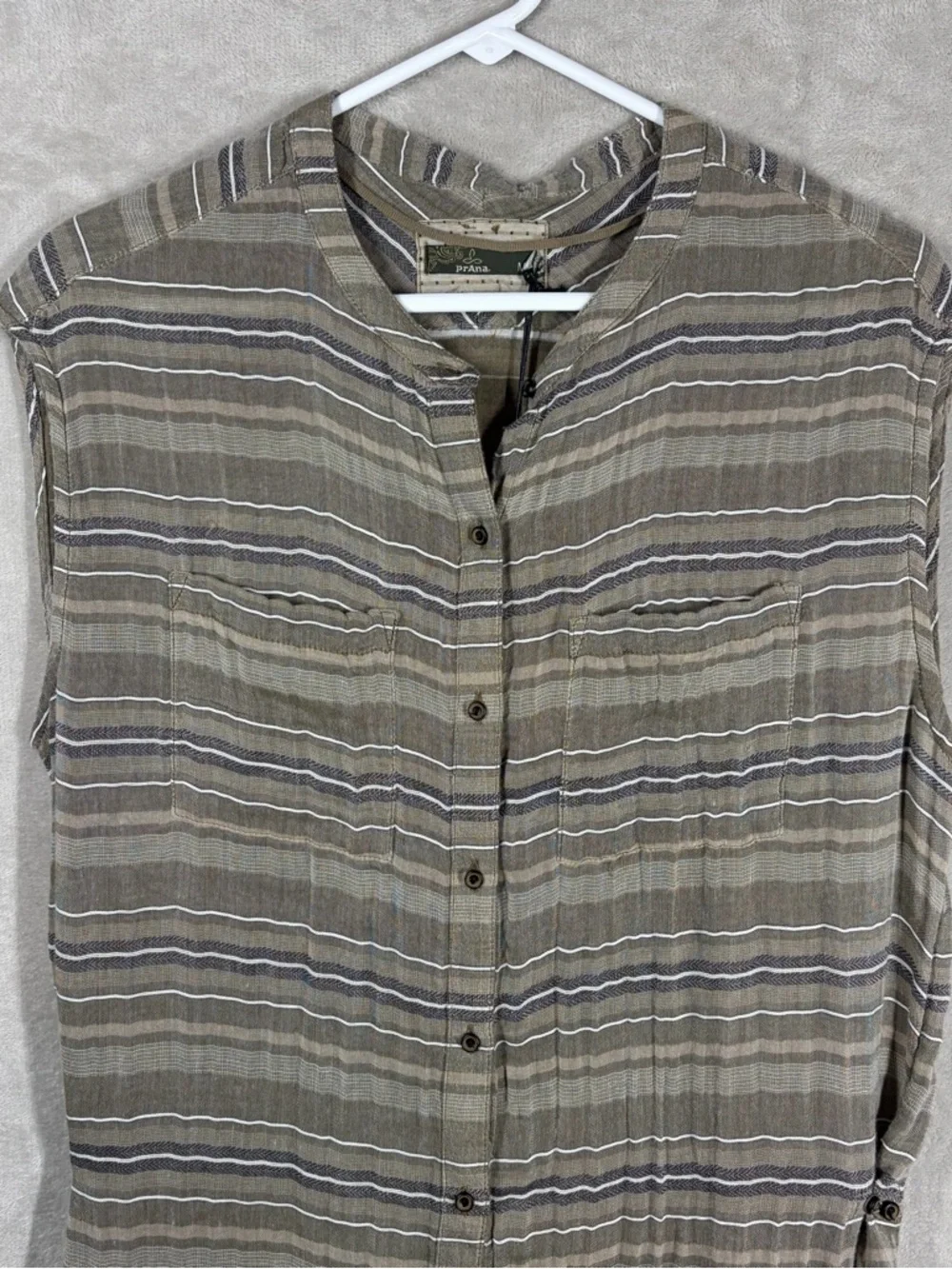 Prana Striped Sleeveless Shirt Dress in Taupe and Light Gray